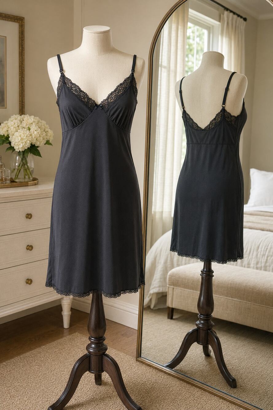 Vintage Adonna Black Full Slip Size 36 Nylon Lace Trim Adjustable Straps